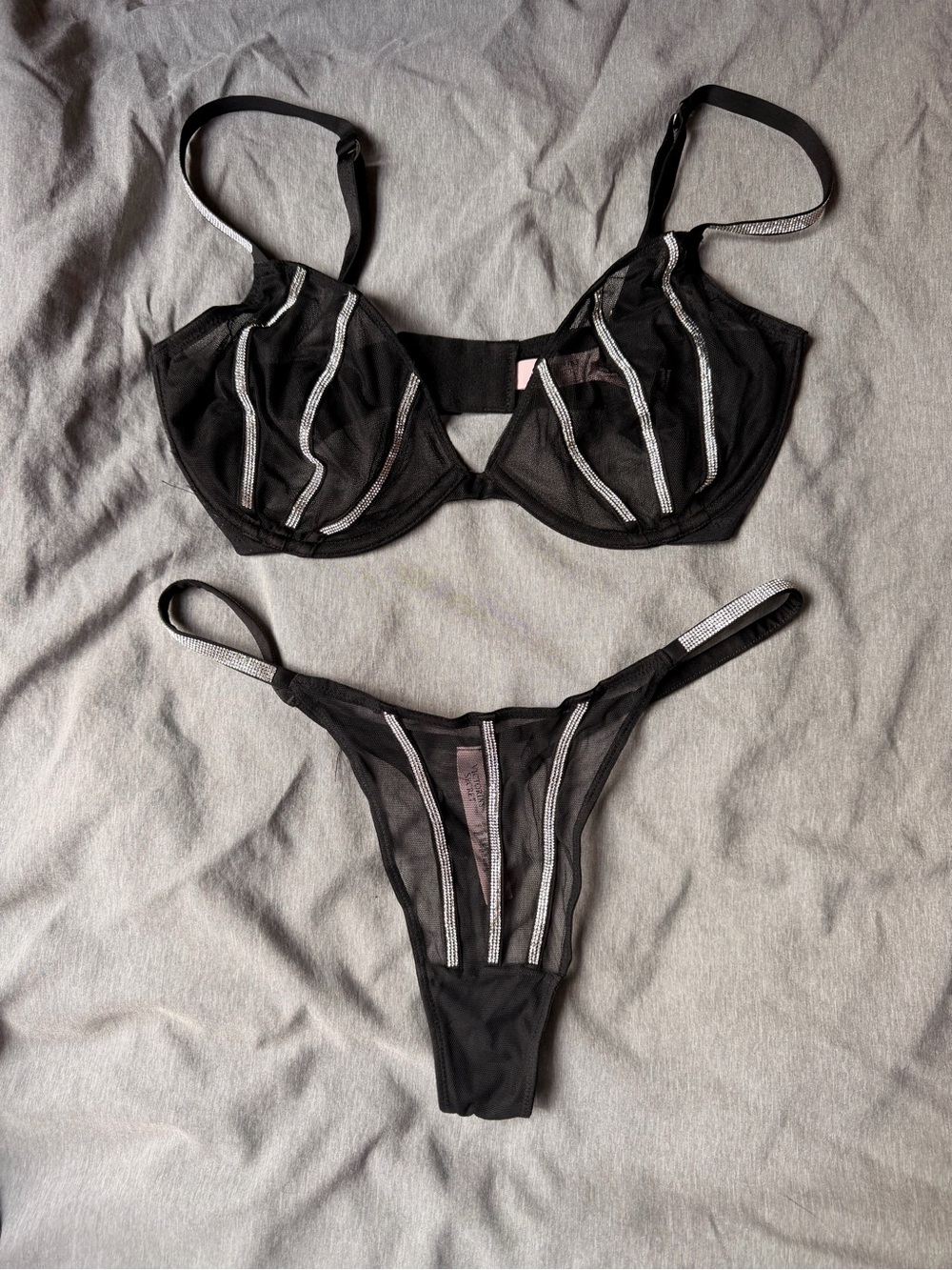 Victoria's Secret Black Sheer Mesh Underwire Bra & Thong Set with Silver Trim